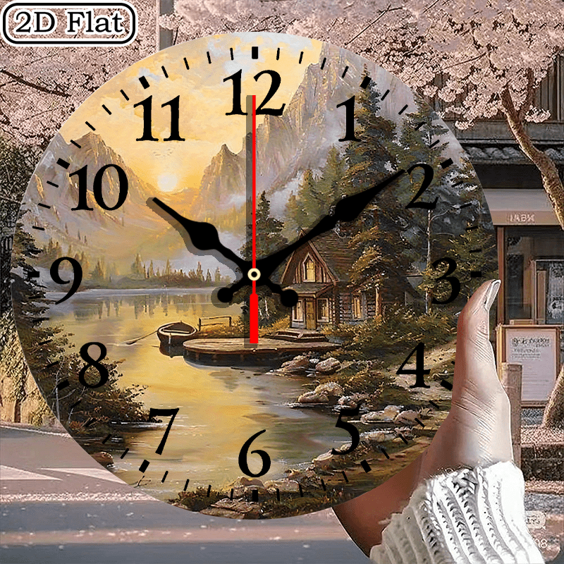 Serene Mountain Lake and Log Cabin Wall Clock, Rustic Landscape Art Decor, Round 10x10 Inch, 1pc, Battery Not Included