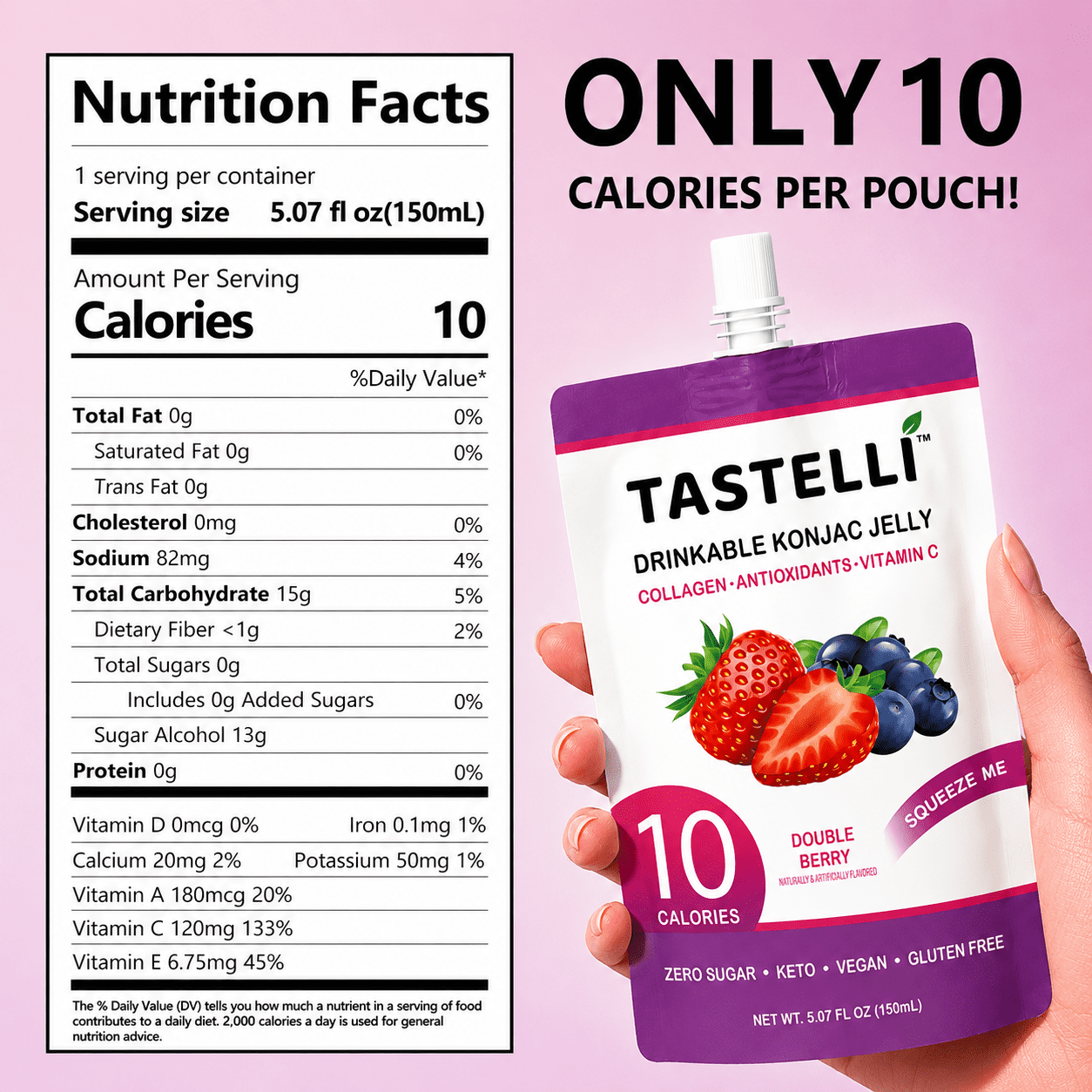 Tastelli Double Berry Konjac Jelly Infused with Collagen | Gluten Free, Sugar Free, Low Calorie | Vegan Drinkable Fruit Jelly Snack  | 10 Pouches