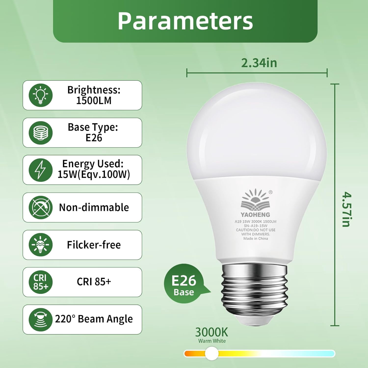 UKLL-A19 LED Light Bulb, 100 Watt Equivalent LED Bulbs, 3000K Warm White, 1500 Lumens, Standard E26 Base, Non-Dimmable, 15W Super Bright Light Bulbs for Home, Office Lamp, ETL Listed(10-Pack)