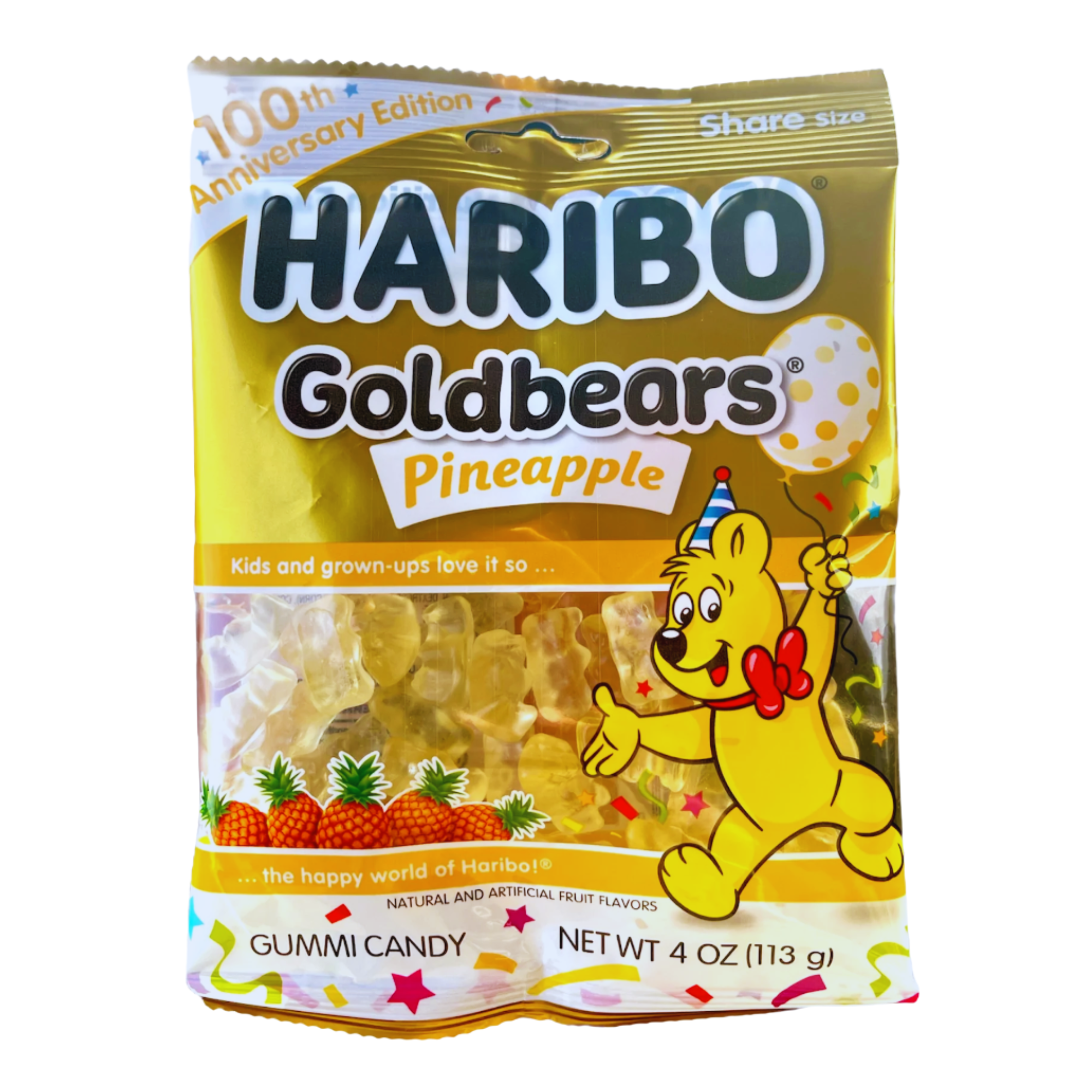 FSSTAM 100th Anniversary Edition Gold Bears, Pineapple Gummy Bears Candy– Bear Shaped Gummies Candies, Chew Candy Snacks, 4 oz Bag, 4 Packs (with Exclusive FSSTAM Booskie)