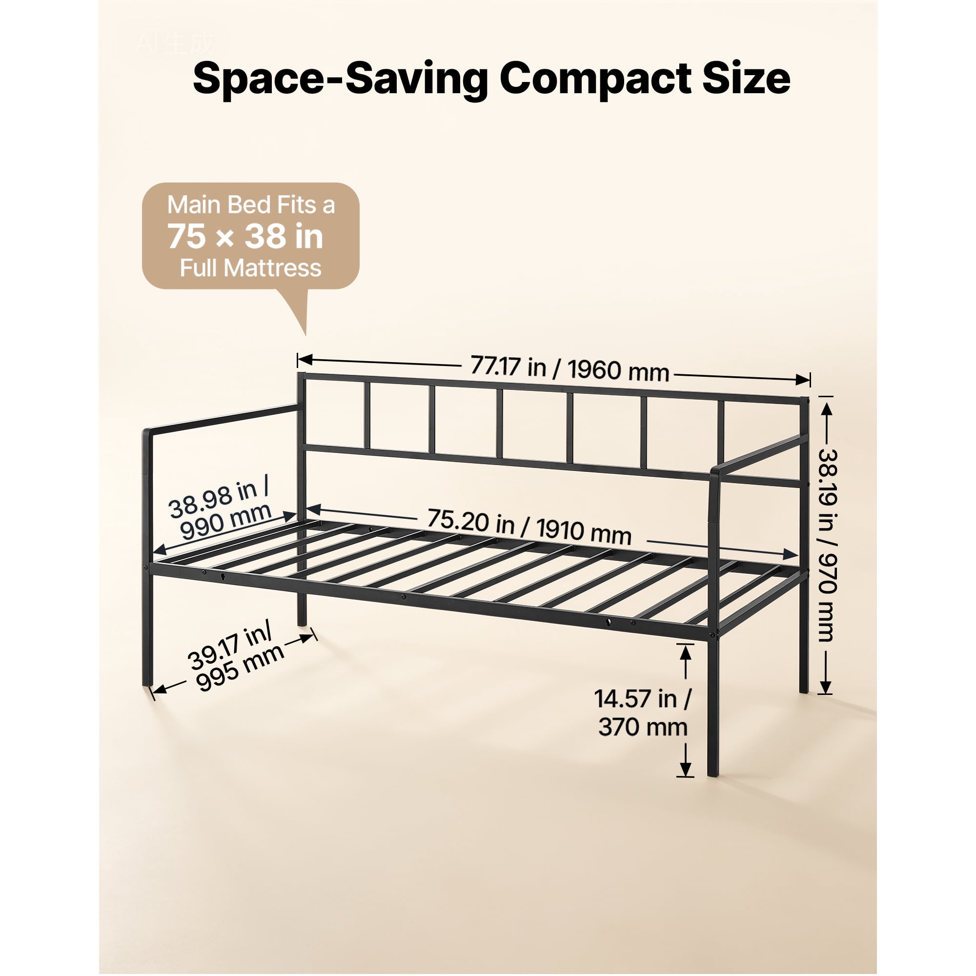 KFFKFF Twin Daybed Metal Frame with Under-Bed Storage, Ideal for Living Room, Bedroom, or Guest Room, Space-Saving Design, Durable Metal Construction, Simple Assembly, Without Trundle, Black