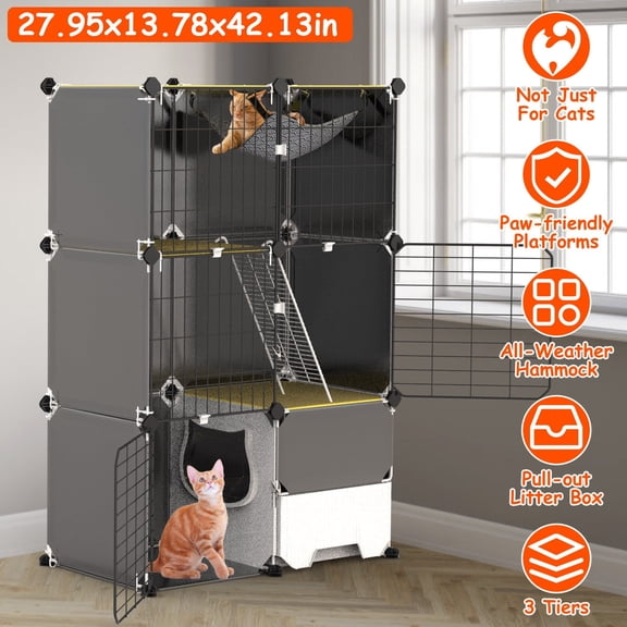 Imountek Detachable Metal Wire Cat Enclosure, 3-Tier Indoor Cat Playpen Cage with Pull-Out Litter Box, Hammock, Ladder for 1-2 Kittens, Small Pets