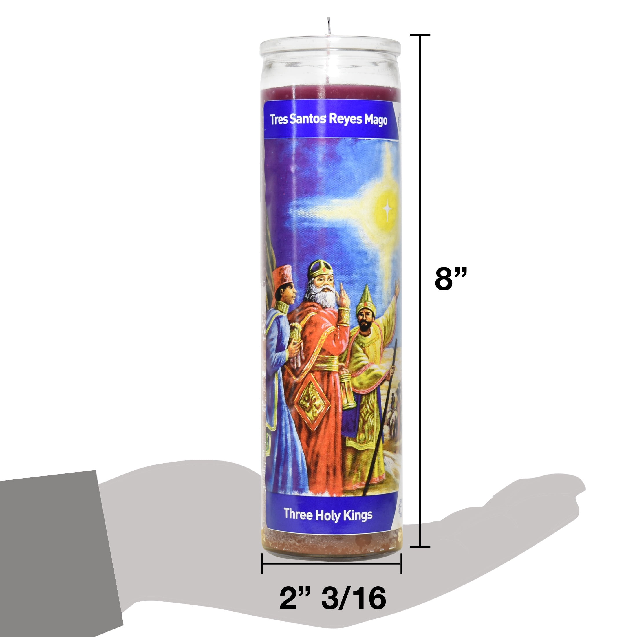 Luminaria Tres Santos Reyes 3 Colors Unscented Religious Candle in Glass, 8 inches Tall