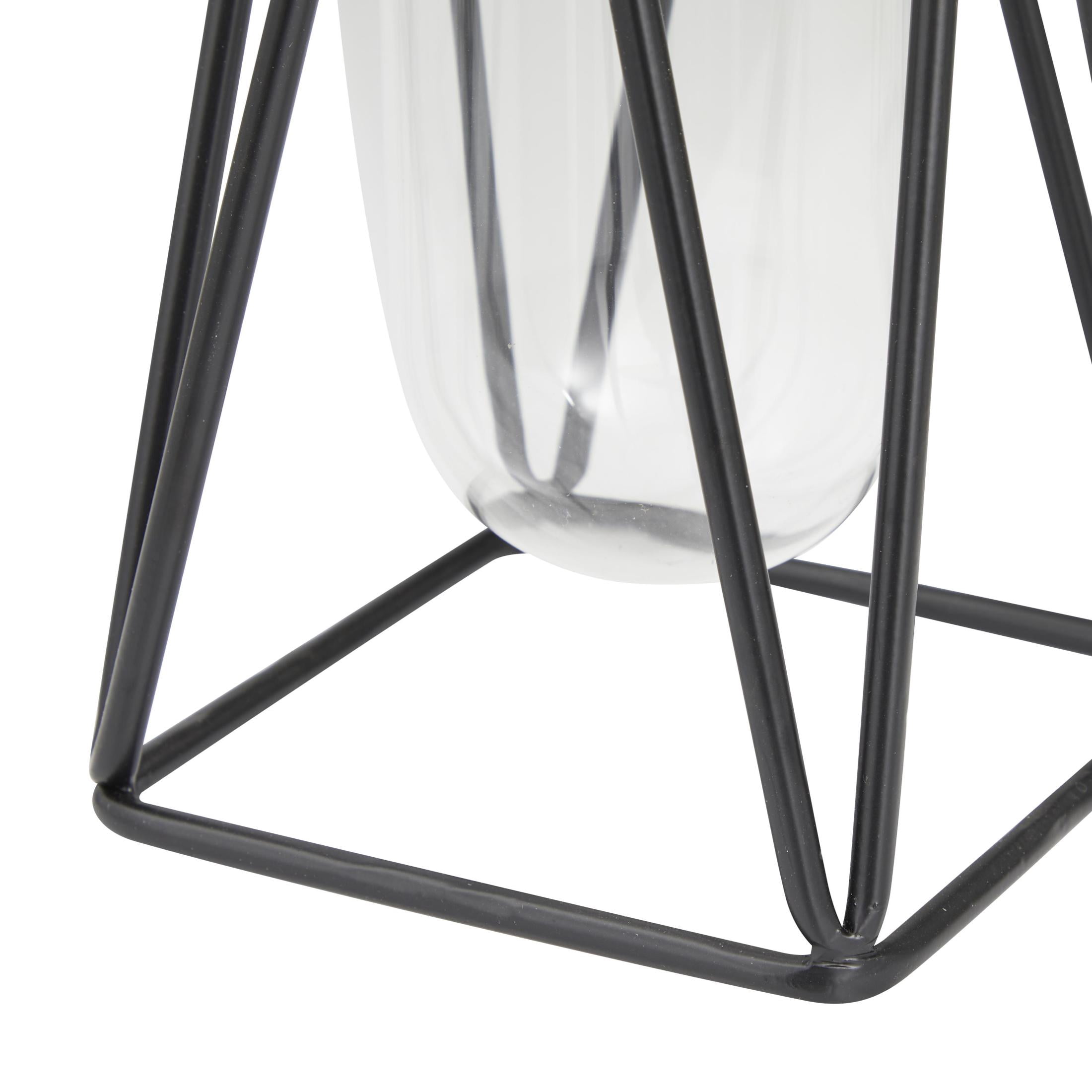 DecMode 13", 9"H Geometric Tube Black Glass Vase with Metal Stand, Set of 2