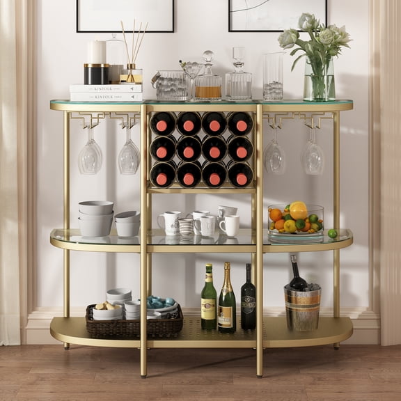 O&K FURNITURE Modern Glass Bar Cabinet, 43’’ Freestanding Wine Rack Table, Liquor Buffet Table, Gold