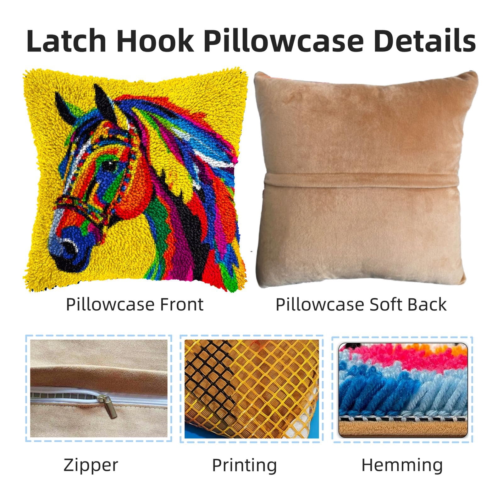 Colorful Horse DIY Latch Hook Pillow Kits for Adults Printed Pillowcase Crochet Yarns Hooking Handmade Pillow Cover Cushion for Home Sofa Decoration 17x17inch