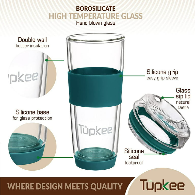 Tupkee Double Wall Glass Tumbler - 14-Ounce, All Glass Reusable Insulated  Teacoffee Mug Lid, Hand Blown Glass Travel Mug - Cyan