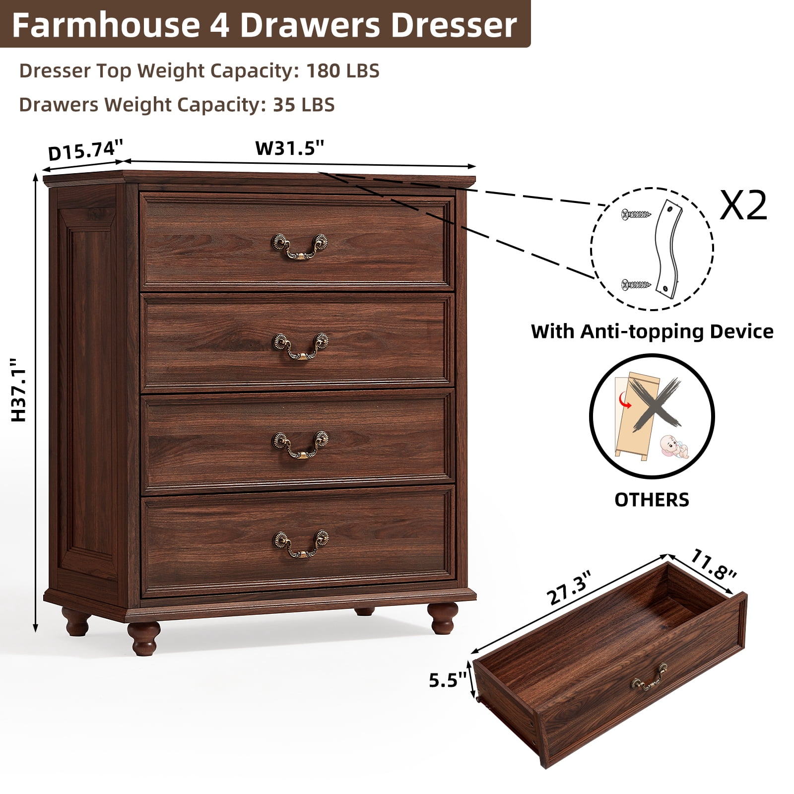 Joaxswe Brown Dresser for Bedroom, Adult Chests of Drawers, 4 Drawer Dresser for Closet, Living Room, Entryway