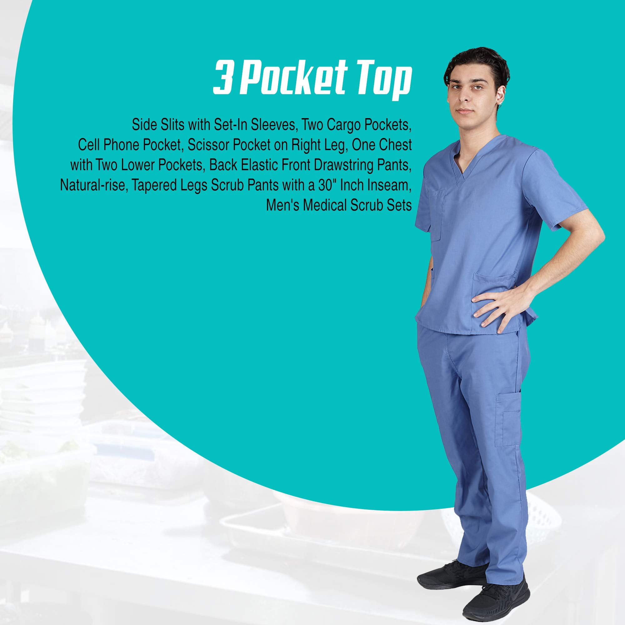 Men Scrub Set Medical Scrub Top and Pants (Ceil Blue, Medium)
