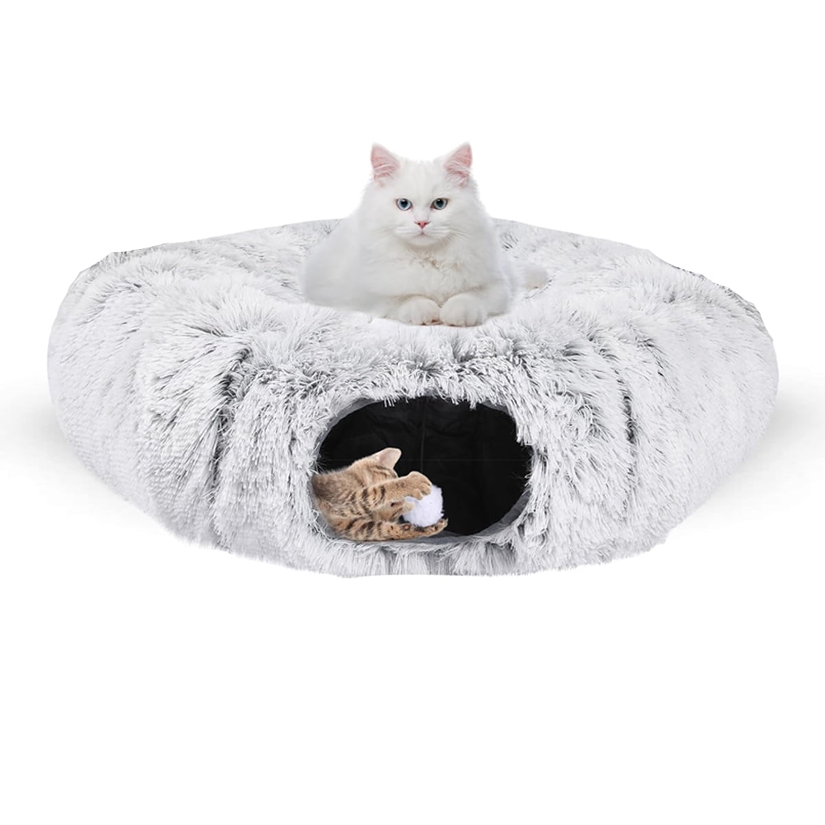 Anself Cat Tunnel with Cat Bed for Indoor Cats, Collapsible Plush Cat Cave Tube with Fluffy Toy Ball, Multifunctional Cat Toys for Small Medium Large Cat, Puppy, Rabbit, Ferret, Gray
