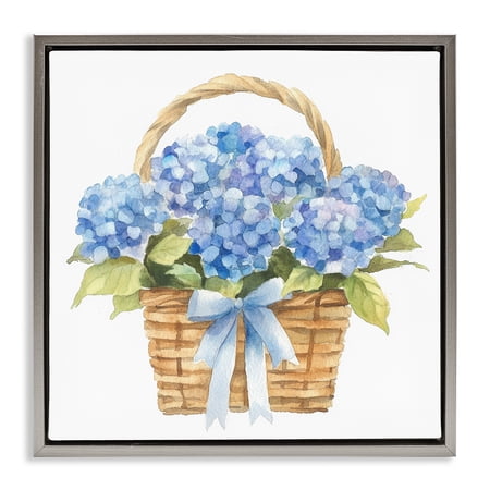 Stupell Industries Pretty Blue Hydrangea Picnic Basket Gray Framed Floater Canvas Wall Art design by Petal Prints Design