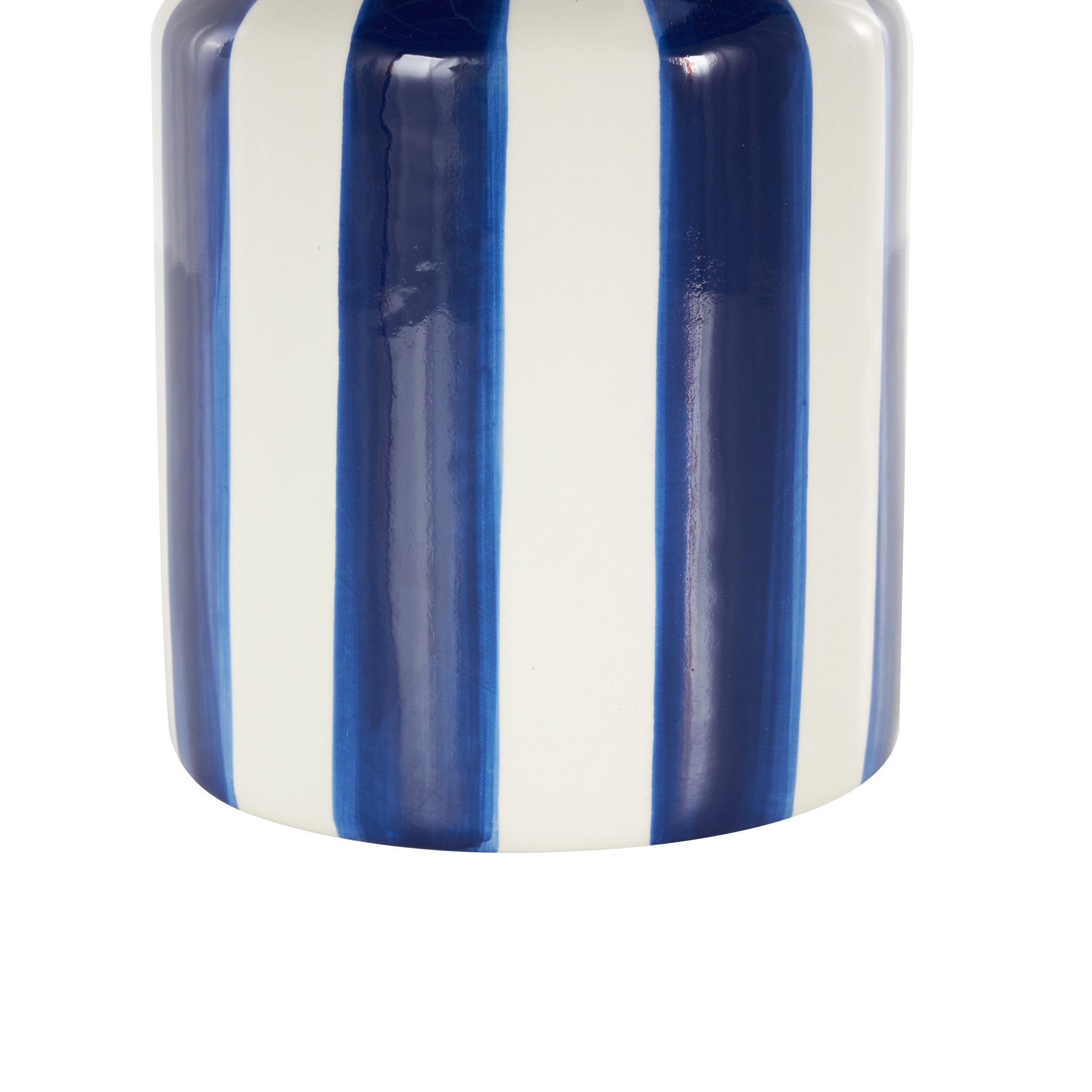 DecMode 11" Round Blue Ceramic Vase with White Vertical Stripes