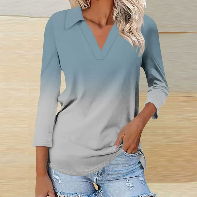 Blouses pour Femmes, T-shirt Assorti Col en V Col Rabattu Manches 3/4