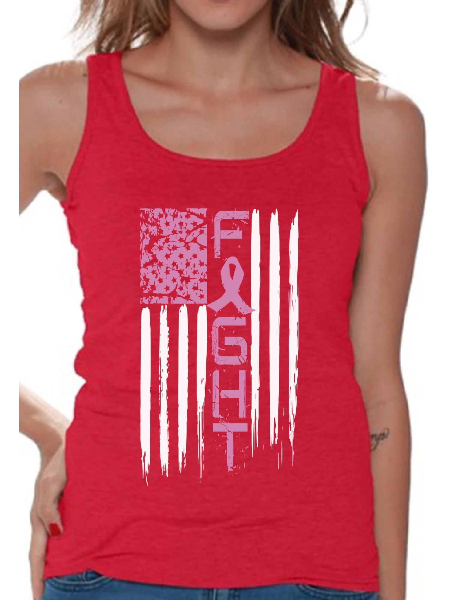 Tee Hunt Fight Breast Cancer American Flag Tank Top Awareness Pink Ribbon Sleeveless