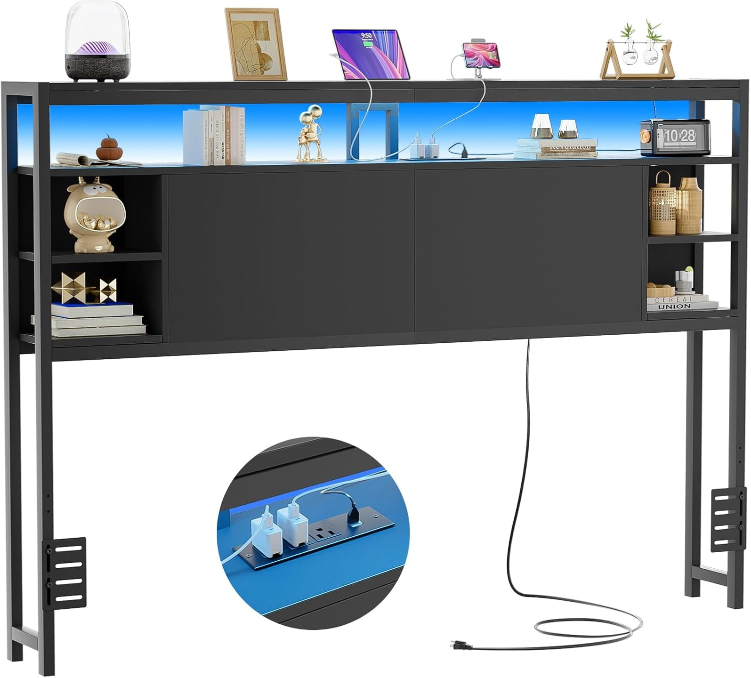 Homieasy Queen Headboard with Storage, Headboards with Power Outlets and Smart LED Light, Sturdy Head Board for Queen Size Bed, Black
