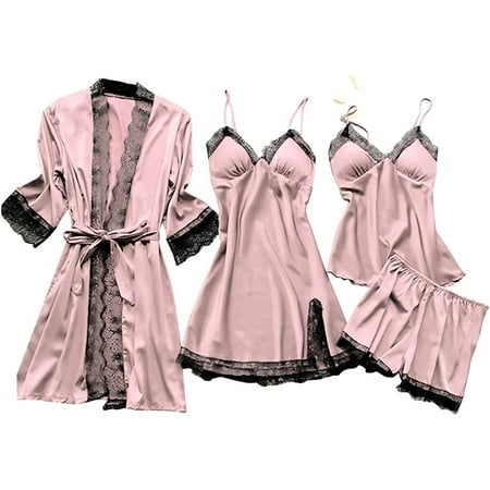 

KOGYAS Silk Pajiamas for Women 4pcs Pajamas Sets Cami Top Shorts Nightgown Sleepwear Robe Sets Sexy Cute Matching Lounge Pjs