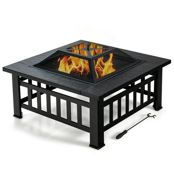 Patiojoy 3 in 1 Patio Fire Pit Table Outdoor Square Fire bowel w/ BBQ Grill & Rain Cover