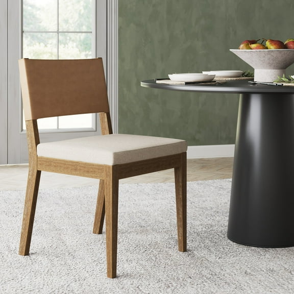 Nathan James Linus Modern Upholstered Dining Chair with Solid Rubberwood Legs in a Wire-Brushed Brown Finish, Light Brown