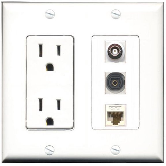 RiteAV - 15 Amp Power Outlet 1 Port Toslink 1 Port BNC 1 Port Cat6 Ethernet Ethernet White Decorative Wall Plate