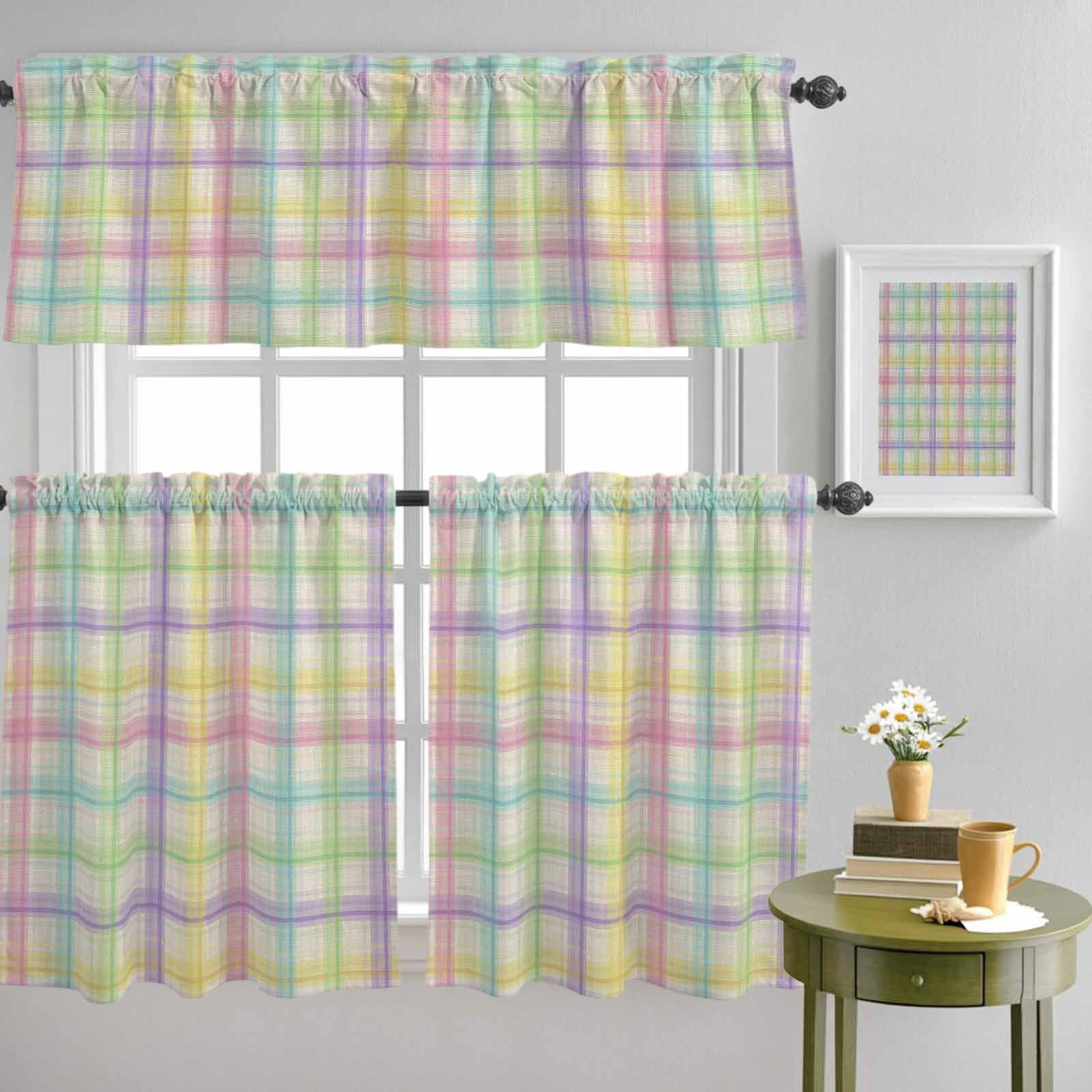 3 Piece Rainbow Plaid Kitchen Curtain Valance and Tiers Set Yellow Pink Blue Green Purple Plaid Linen Texture Rod Pocket Tier Curtain 36 Inch Small Window Drapes for Living Room Bedroom Cafe Decor