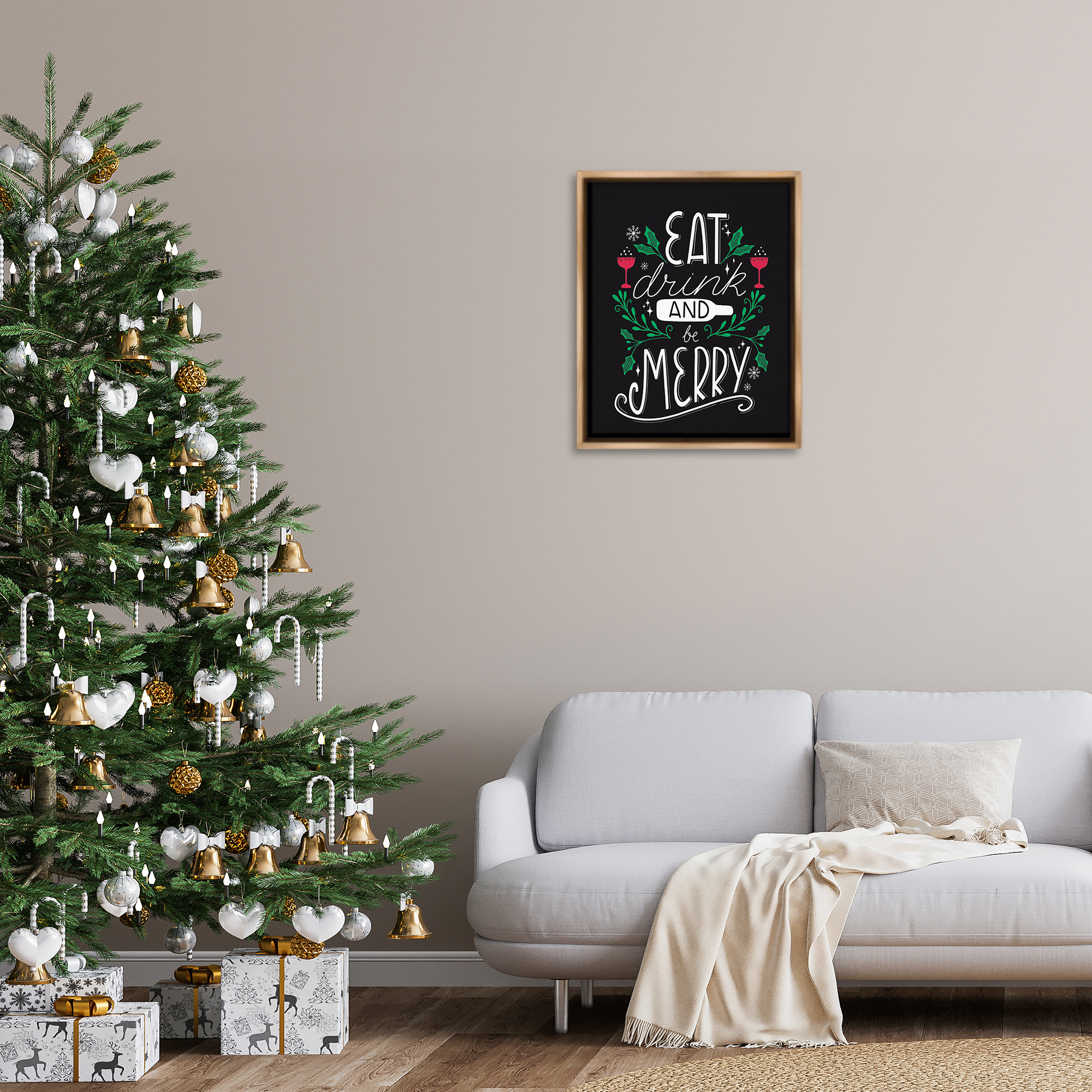 Stupell Industries Eat Drink and Merry Xmas Holiday Painting Brown Floater Framed Canvas Art Prints Wall Art, 25 x 31