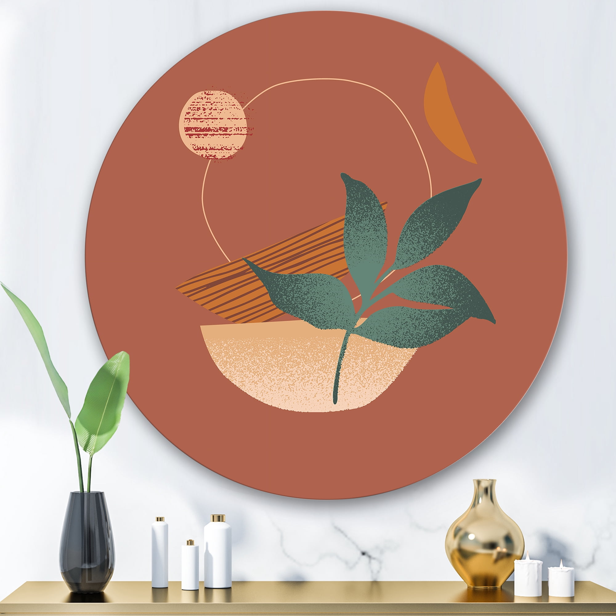 Designart 'Shapes and Tropical Leaf Silhouettes III' Modern Circle Metal Wall Art 29x29 - Disc of 29