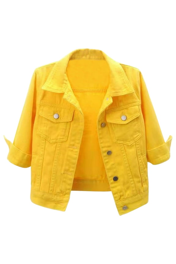 Women 3/4 Sleeve Denim Jacket Button Down Lightweight Denim Jean Jacket with Pockets Yellow L