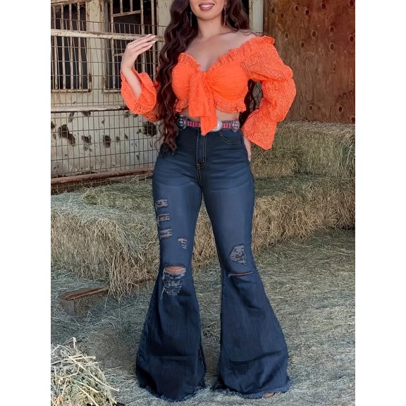 High-Waisted Ladies Denim Trousers With Holes And Flared Trousers