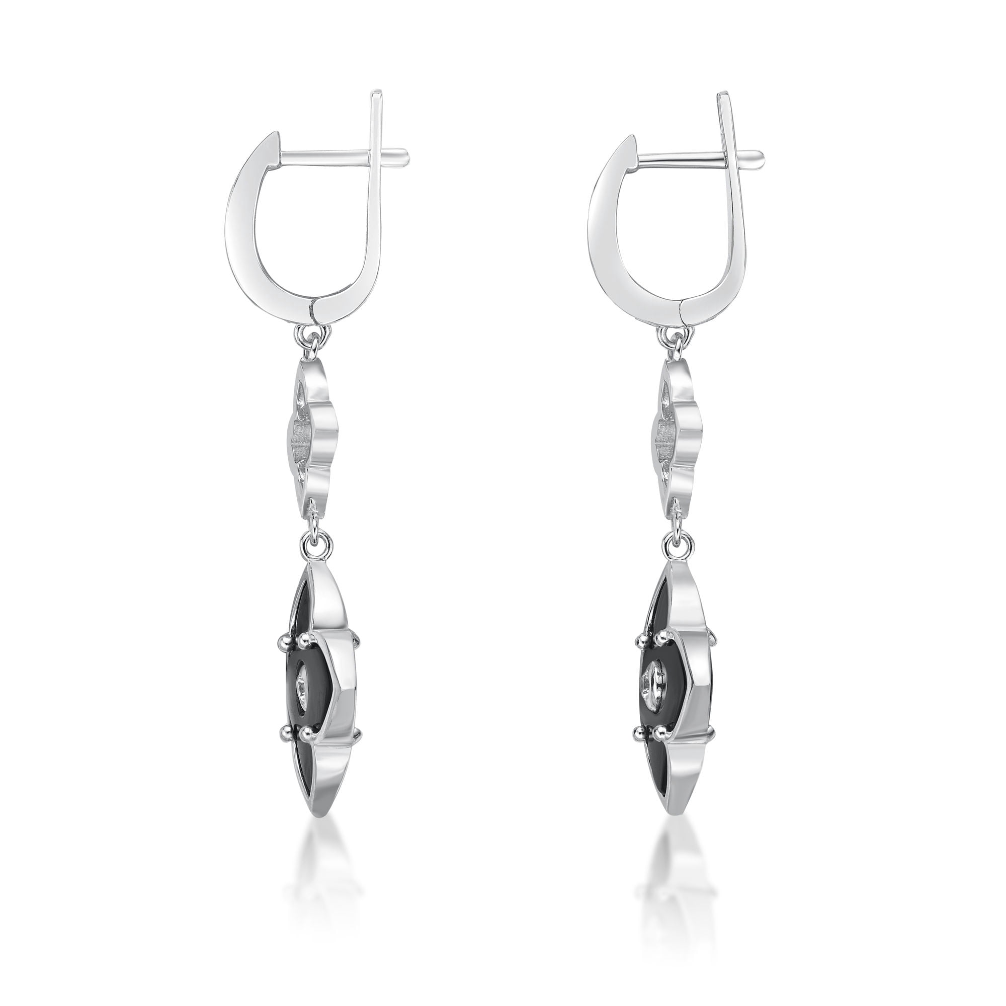 Black Onyx Flower Dangling Drop Earrings for Women in 925 Sterling Silver with Hinged Back by Lavari Jewelers