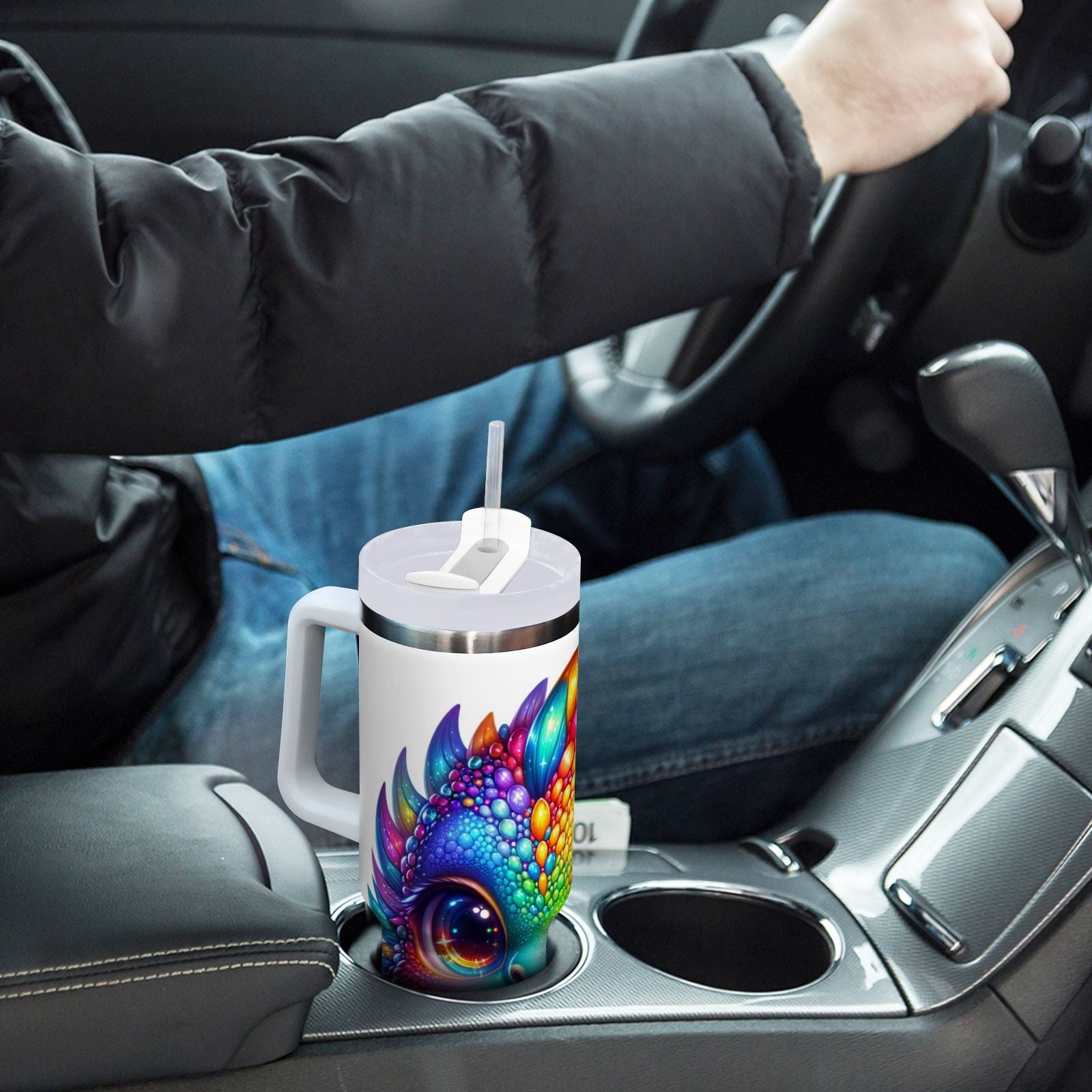 JSTEL Cute Rainbow Baby Dragon 30 oz Tumbler Stainless Steel Water Bottle Vacuum Insulated Cup with Straw Lid & Handle For Travel Car Cup Holder