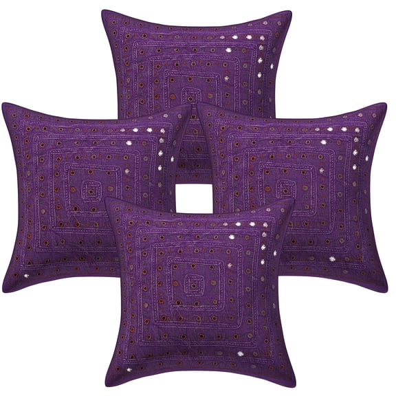 Stylo Culture Indian Cotton Living Room Throw Pillow Covers Purple 16x16 Bohemian Embroidered Mirror Lace Indian Couch Cushion Covers 40 x 40 cm Decorative Geometrical Square Pillowcases | Set Of 4