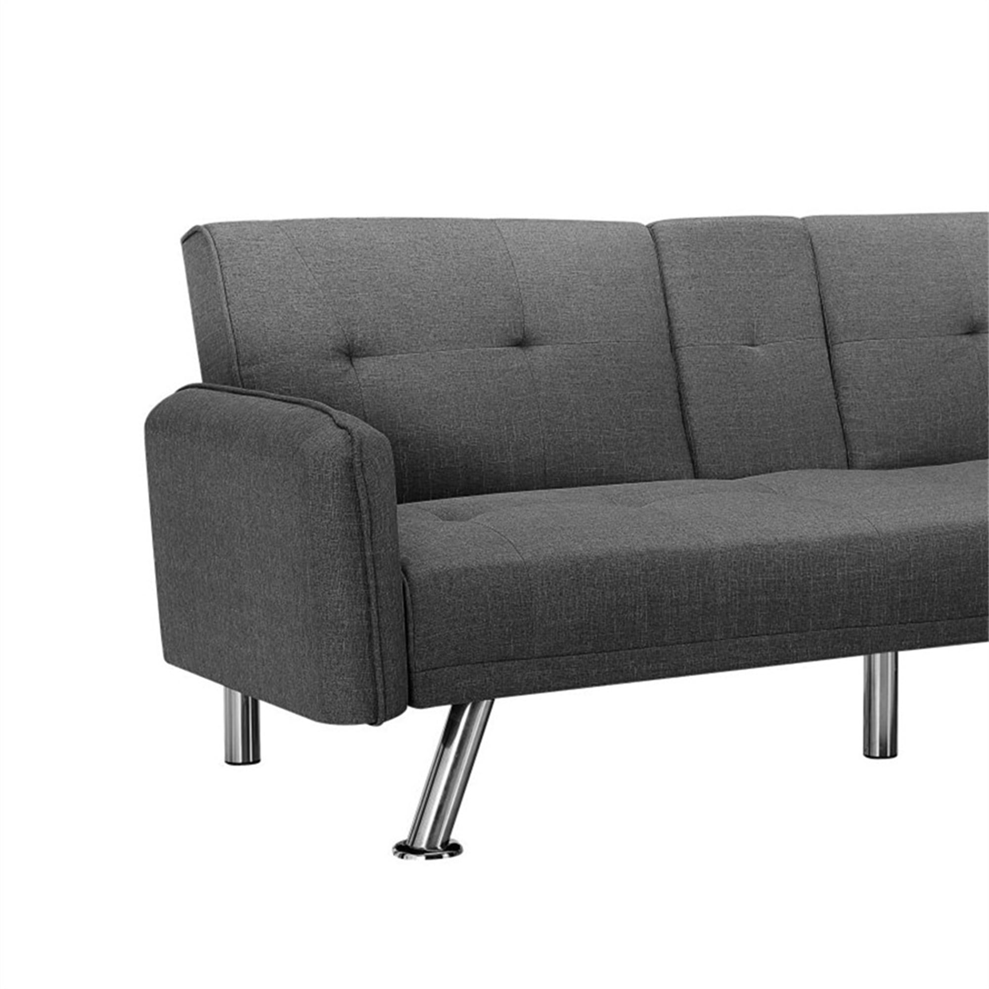 Aukfa 75" Square Arm Futon Convertible Sofa Bed for Home Office, 2 Cup Holders, Linen, Dark Gray