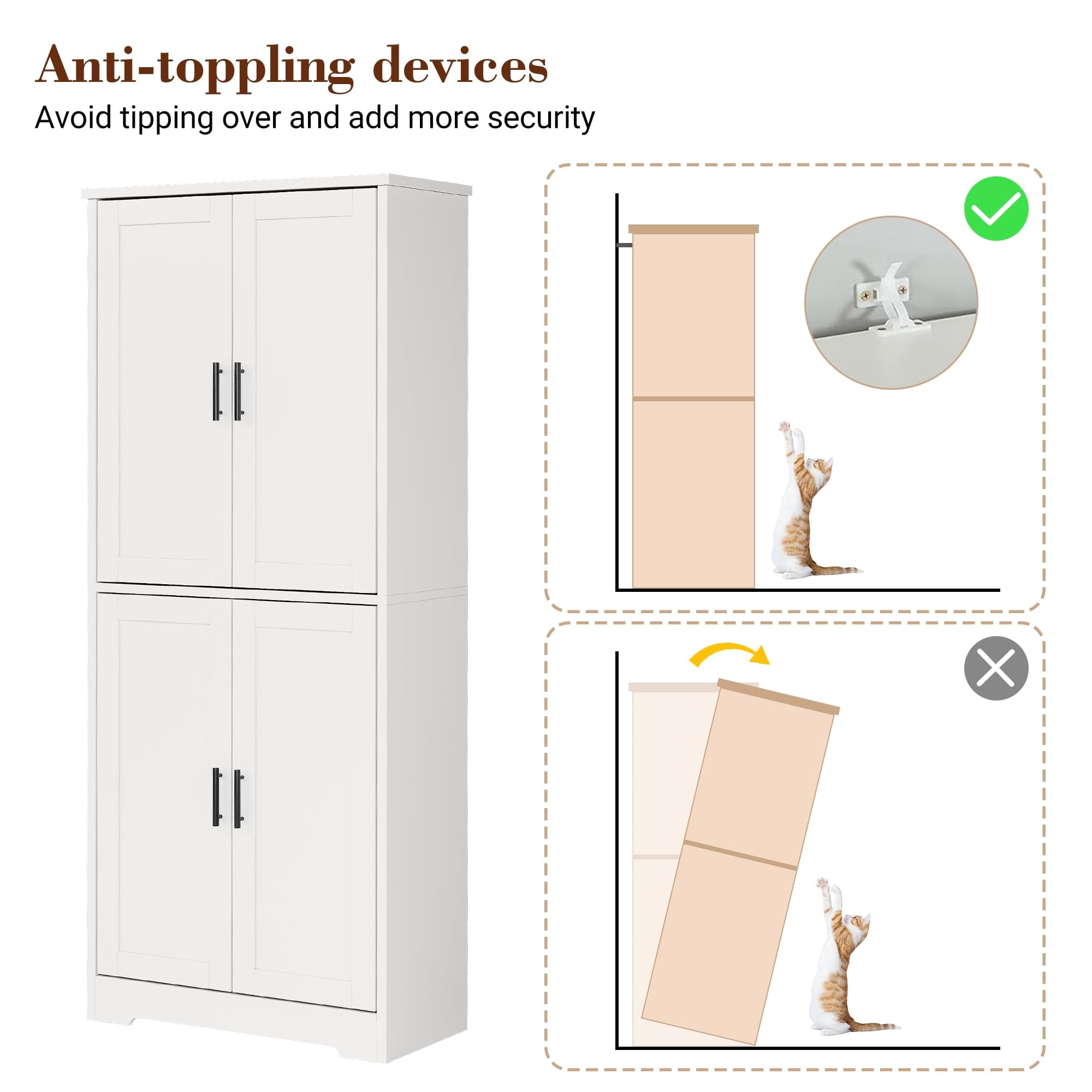 BouPower Pantry Cabinet,70" Tall Kitchen Pantry Cabinet with 2 Doors and 3 Adjustable Shelves, Freestanding Cupboard, Modern Tall Storage Cabinet for Bathroom, Dining Room, Living Room