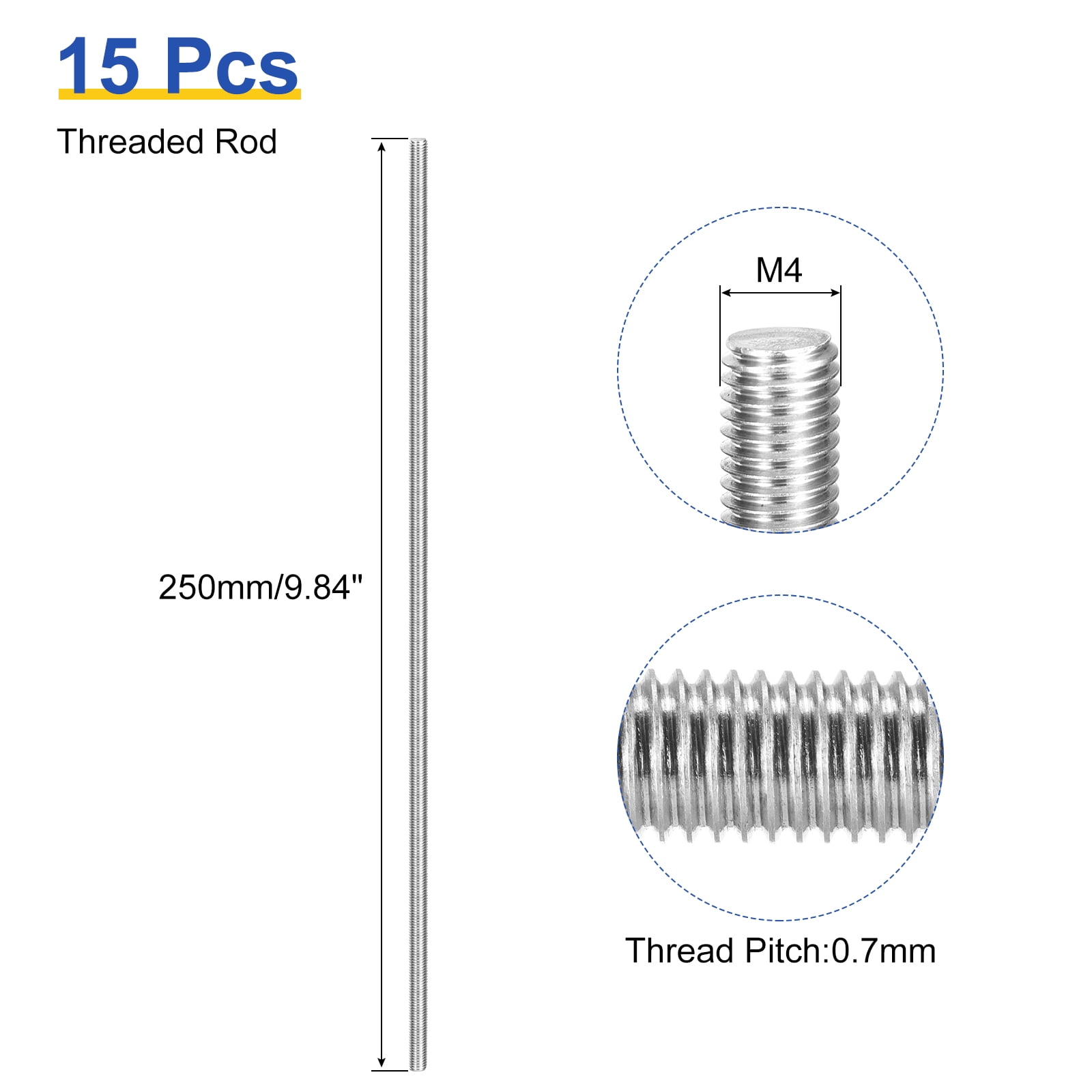 Uxcell 15Pack M4 x 250mm Fully Threaded Rod Right Hand Threads,0.7 Thread Pitch