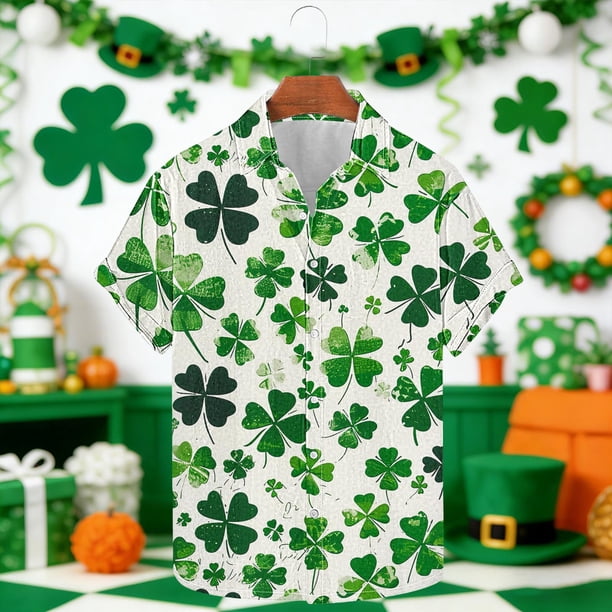 Ceisia Men's St. Patrick's Day Distressed Shamrock Print Stretch Short Sleeve Shirt White XXL Gifts
