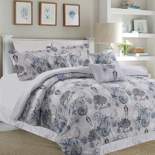 Gray, Blue & White Seashells, Nautical, Beach House Reversible Queen