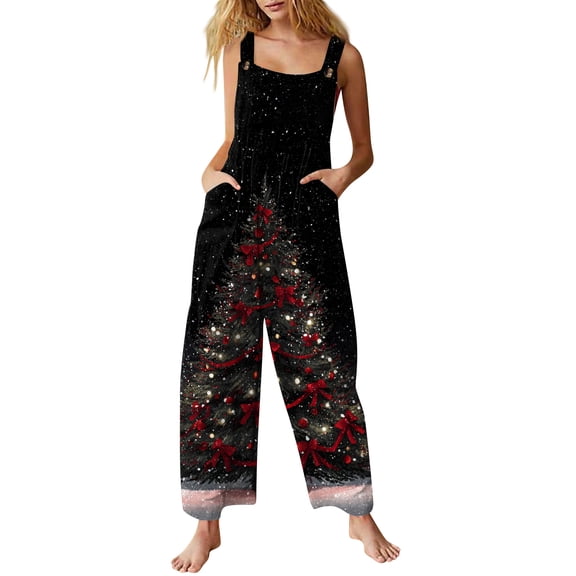 Women's Casual Sleeveless Christmas Print Cotton Jumpsuit, Black, Size L