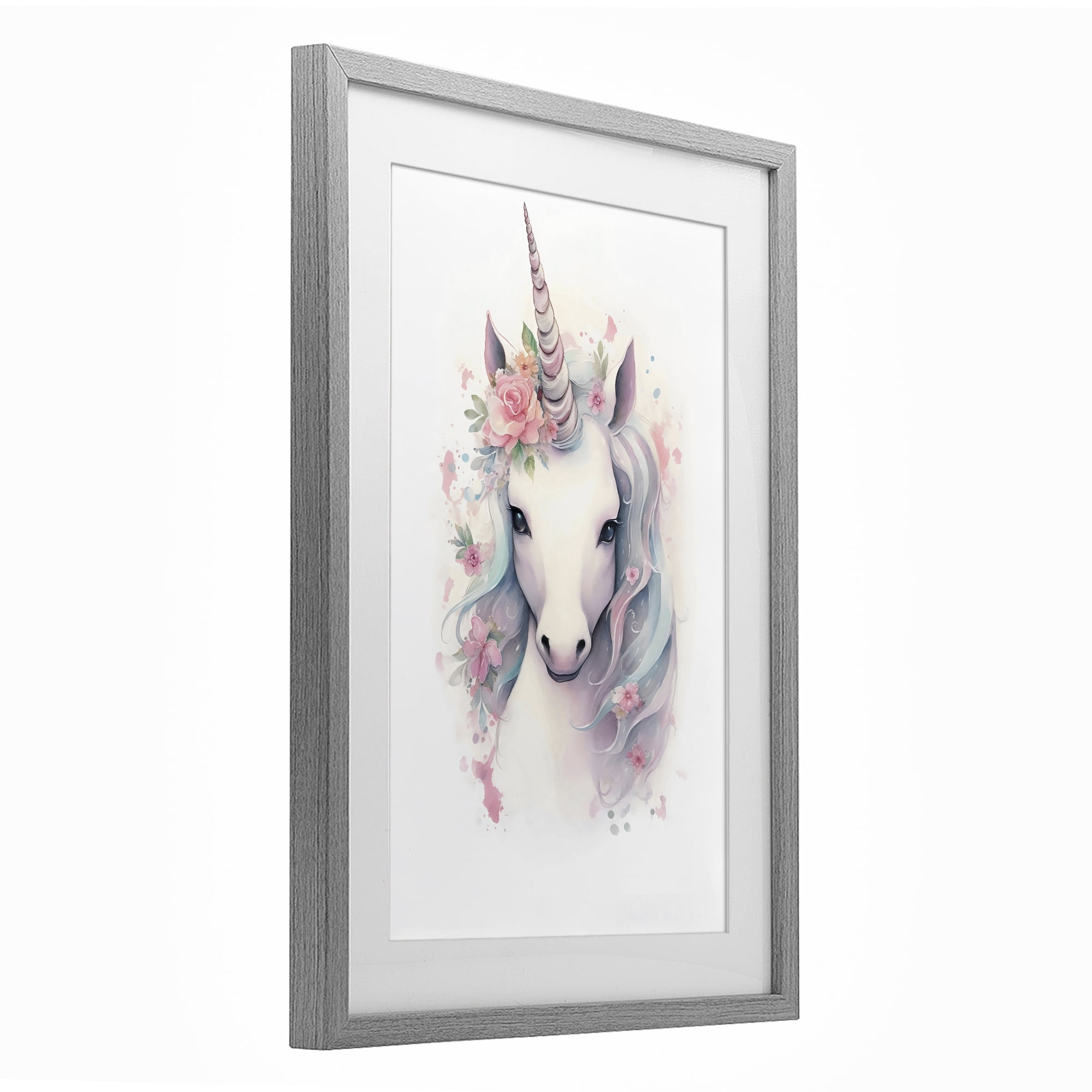 Stupell Industries Unicorn with Pink Flower Crown Gray Framed Print Under Glass, design by Creative Studio