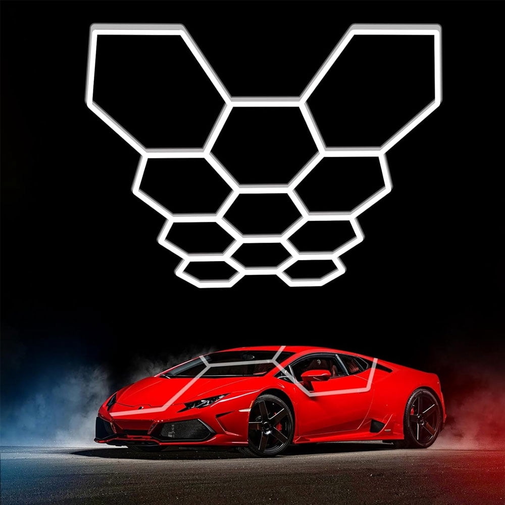 Hexagon Garage Lights: 322W 11 Grids Hexagon LED Lights - Easy Install 6500K Super Bright Honeycomb Lights Ceiling for Garage, Warehouse, Car Detailing Shop, Exhibition Hall, Gym
