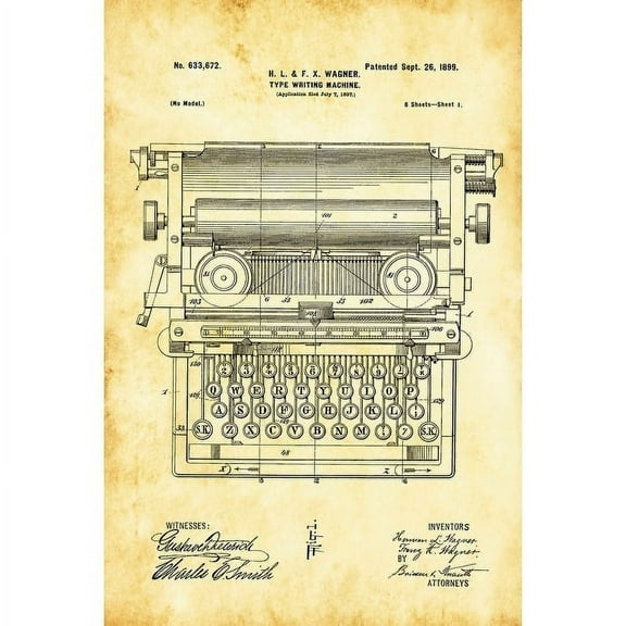 Epic Graffiti "Typewriter Vintage Patent Blueprint" Giclee Canvas Wall Art, 12" x 18"