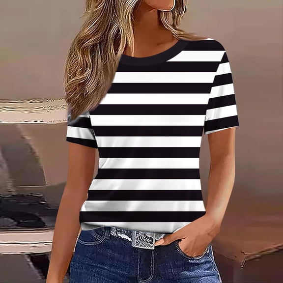 Molidfa Pull-On Crew Neck Stretchable Pullover Regular Short Sleeve Casual Women's Short-Sleeve Shirts Set-In Striped Drop Shoulder Nautical