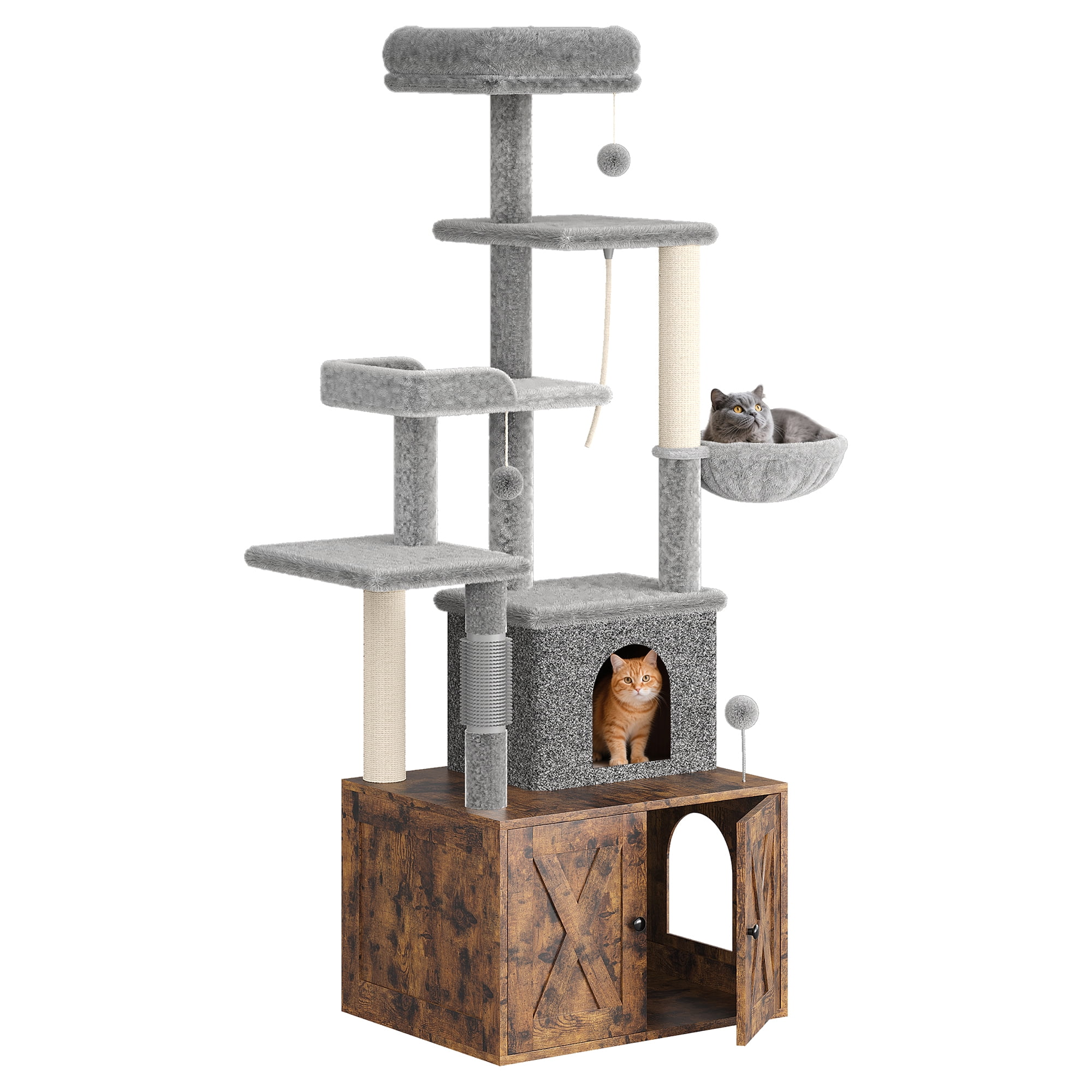 Accreate 2-in-1 Cat Tree with Hidden Litter Box Enclosure, Multi-Level Cat Tower with Scratching Post and Dangling Balls, Spacious Hammock, Indoor Cat Condo
