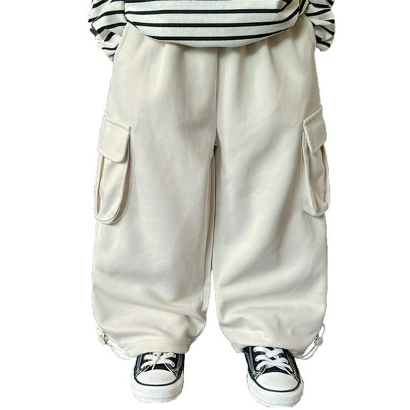 SonxaHe Toddler Boy Pants Elastic Waist Straight Leg Trousers with Pockets Kids Autumn Comfy Oversized Pants Beige,Sized 2-3