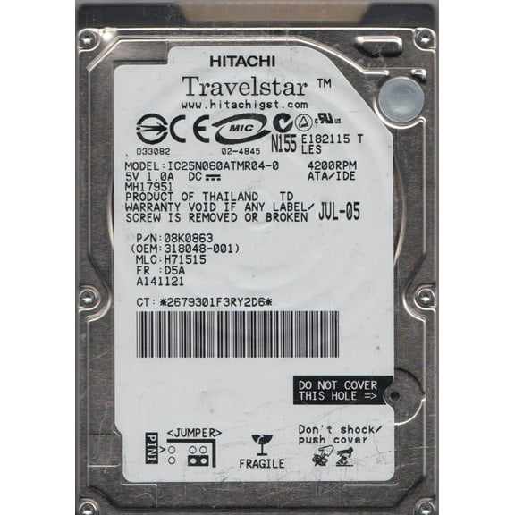 IC25N060ATMR04-0, PN 08K0863, MLC H71515, Hitachi 60GB IDE 2.5 Hard Drive