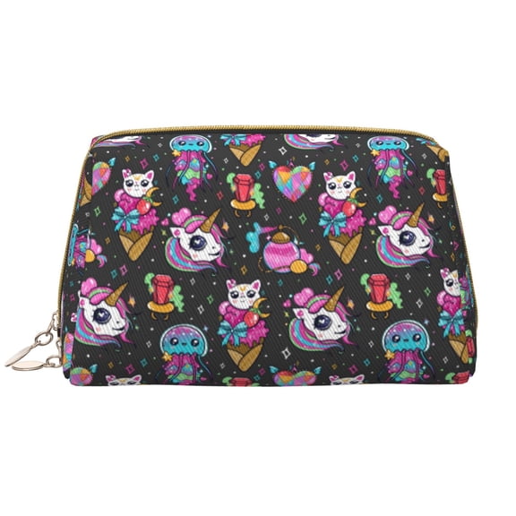 Naloa Rainbow Unicorn And Cat Icecream Leather Makeup Bag for Purse Travel, Portable Small Cosmetic Organizer for Women and Girls, Make up Bag with Zipper