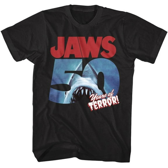 Jaws 50 Years of Terror Black Men's T Shirt (Black, AdultM)