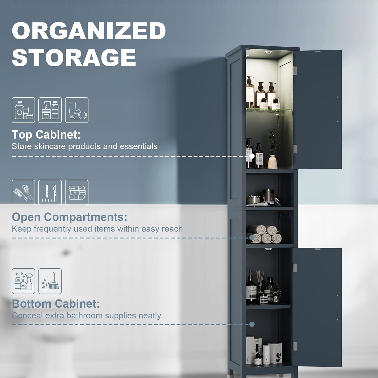67" Tall Bathroom Storage Cabinet with Lights, Slim Narrow Bathroom Cabinet Organizer with Doors and Adjustable Shelves, Tall Cabinet for Small Space, Living Room, Kitchen, Blue