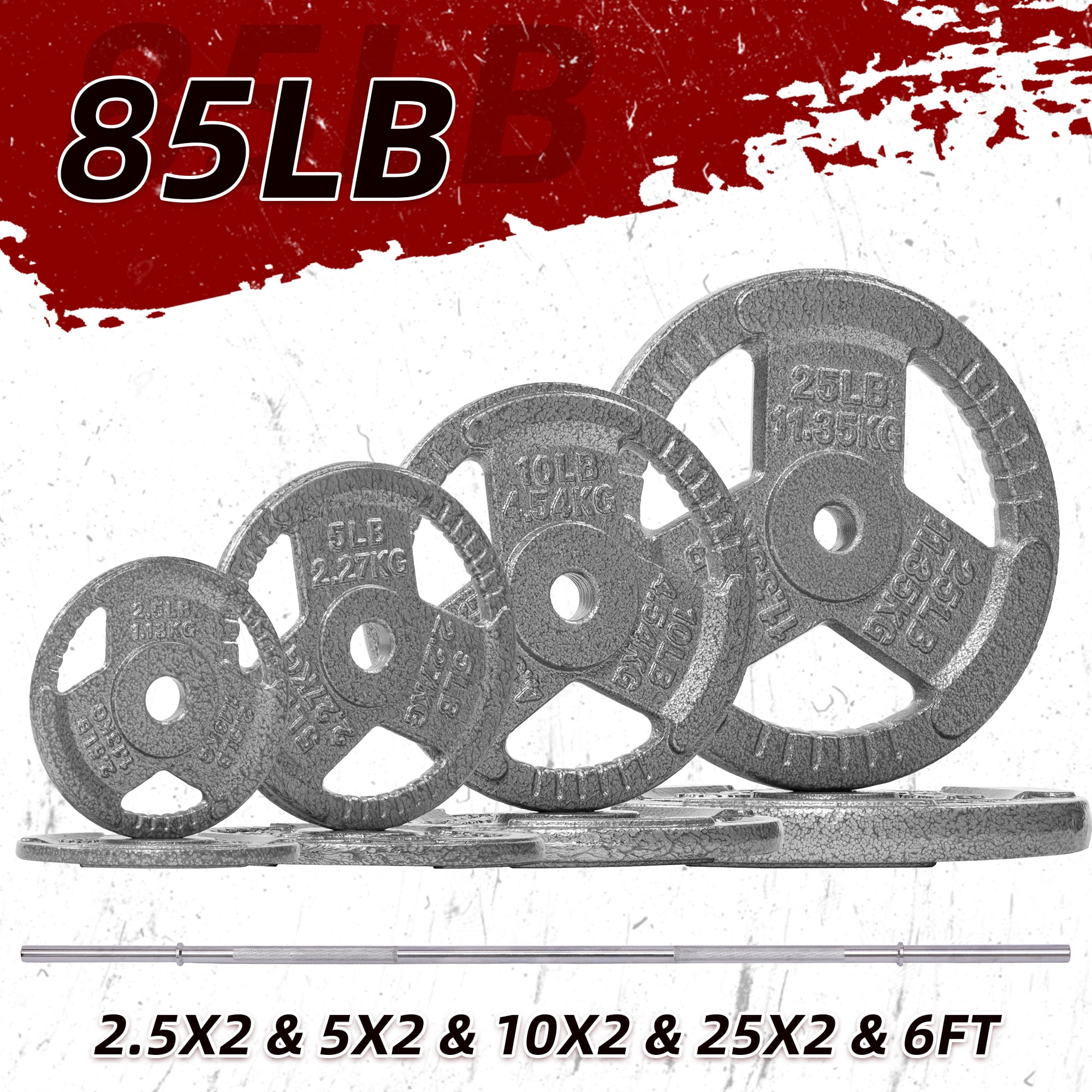 FlexWave 85LB Standard 1" Cast Iron 3-Grip Weight Plates Set, Light Gray