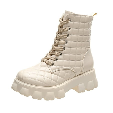 

Boots for Women Women S Plaid Lace Up Leather Boots Thick Sole Side Zipper Medium Boots in Solid Color