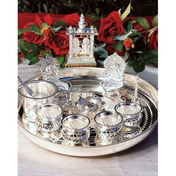 German Silver Combo Pooja thali Set with Lakshmi Ganesha Temple for House Warming puja Party, Festival, Wedding